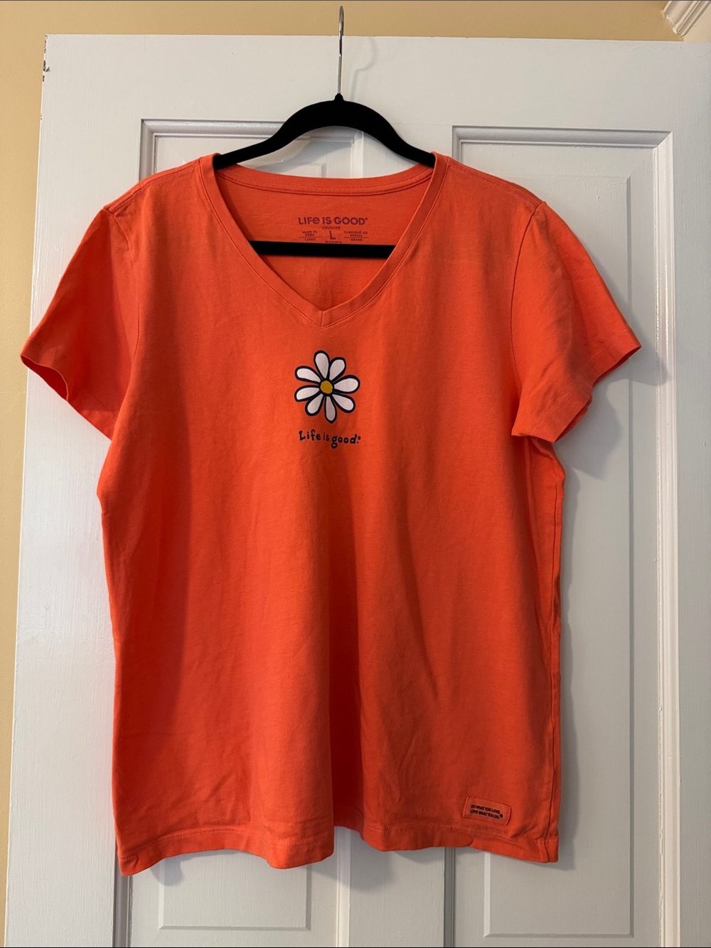Life Is Good Orange V-Neck Tee with Daisy Graphic